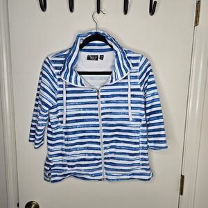 Onque Casuals Blue and White Striped Zip Up 3/4 Sleeve Sweatshirt PS